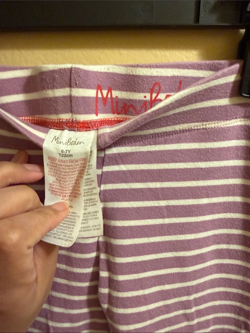 Mini Boden Lavender & White Striped Leggings with Red Strawberry Knees